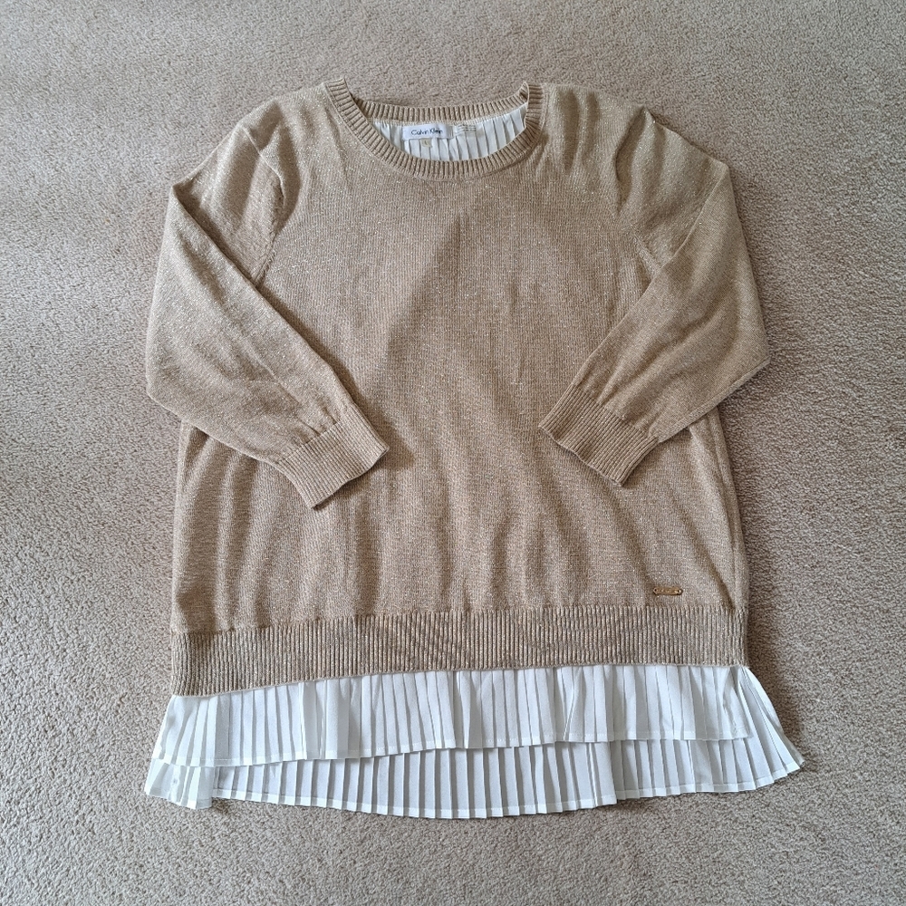 Calvin Klein Sweater 3/4 Sleeve Gold Metallic Size Large Cream Layered Blouse - Picture 12 of 14